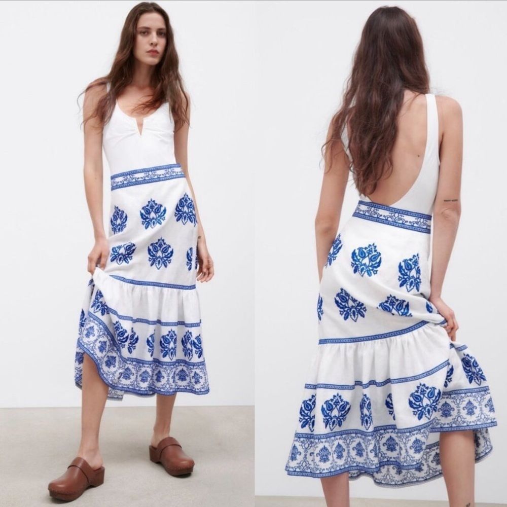 Zara Embroidered Blue and White Midi Skirt - Picture 3 of 16